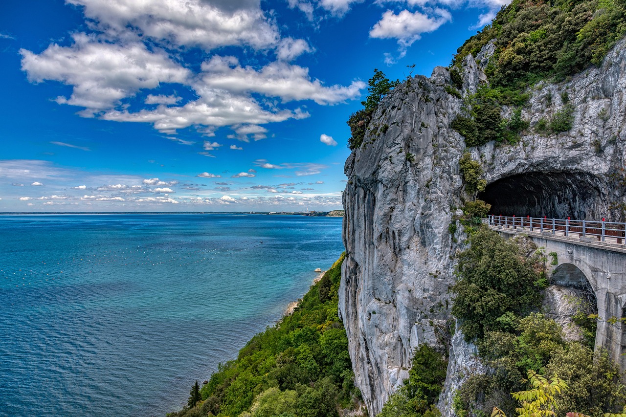 Vista panoramica della grotta gigante di Trieste, con stalattiti e stalagmiti illuminate.